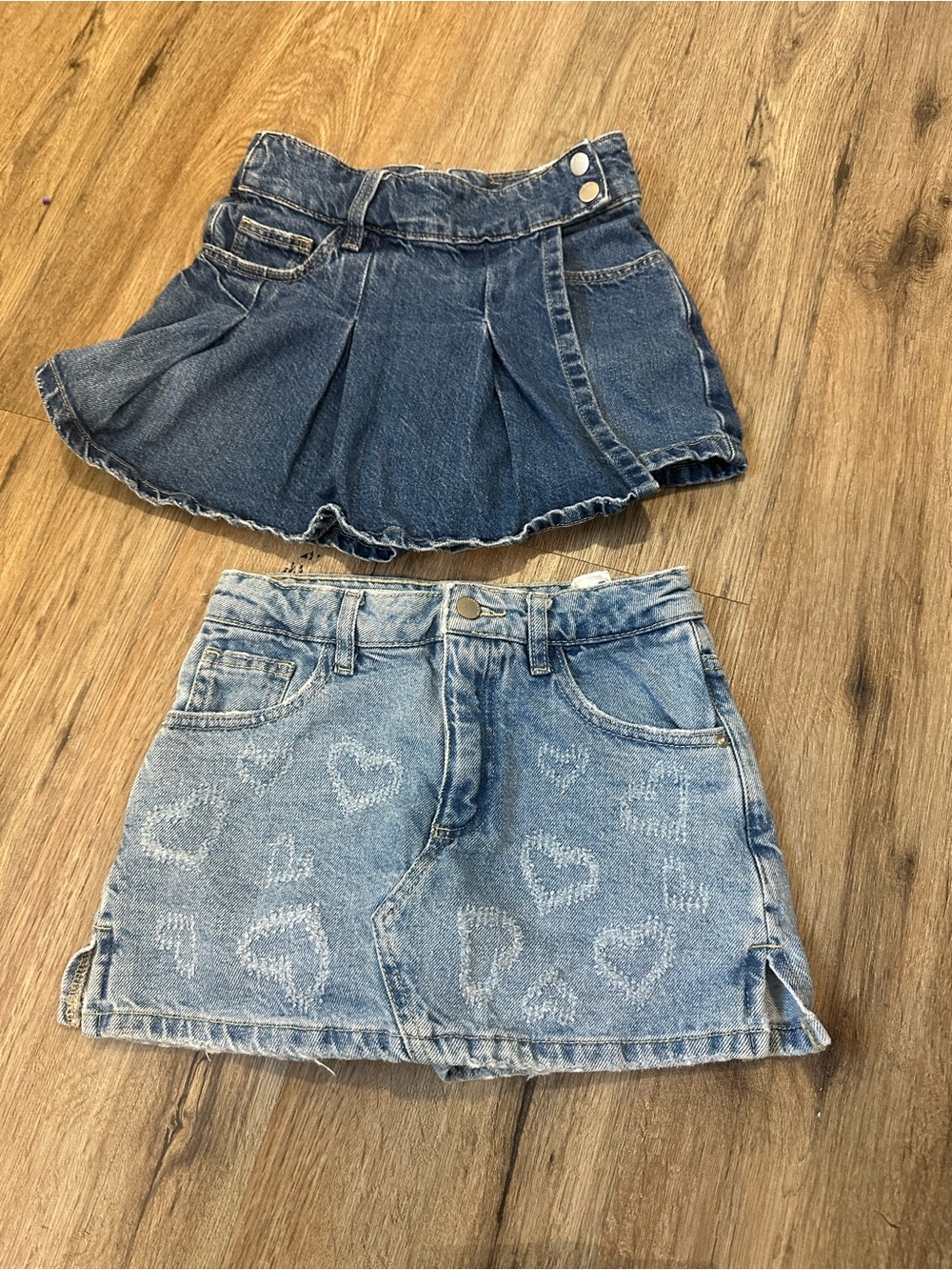 Zara Girls' Denim Skirts - Light & Dark Blue Heart Print Set